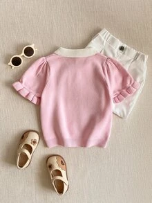 PrepCrw Young Girls' Preppy Style Bow Embroidery Polo Collar Short Sleeve Sweater - Pink - View 3