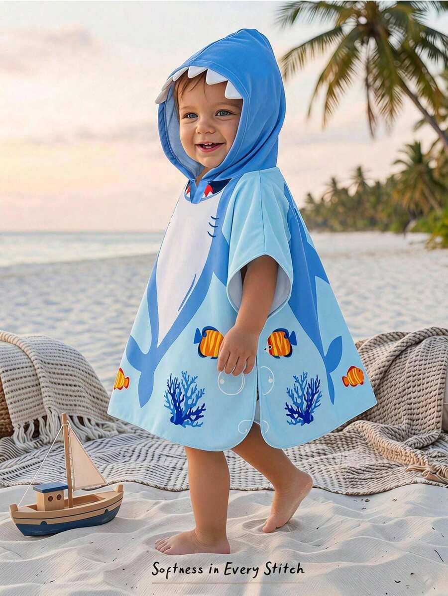 Cozy Pixies Baby Boy One-Piece Swimsuit Bathrobe With Digital Print Cute Shark 3D Mouth Decor Polyester Fabric - Blue - View 1