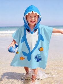 Cozy Pixies Baby Boy One-Piece Swimsuit Bathrobe With Digital Print Cute Shark 3D Mouth Decor Polyester Fabric - Blue - View 7