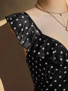 SHEIN ICON Women's Plus Size Retro Sexy Millennial Style Y2K Simple Casual Fashion Commuting Black And White Polka Dot Pattern Sweetheart Neck Ruffled Mesh Dress - Black and White - View 8