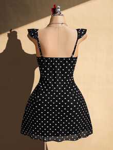 SHEIN ICON Women's Plus Size Retro Sexy Millennial Style Y2K Simple Casual Fashion Commuting Black And White Polka Dot Pattern Sweetheart Neck Ruffled Mesh Dress - Black and White - View 2
