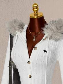 Amplova Women's Home Knight Pattern Patchwork Fuzzy Hooded Mini Knit Romper - White - View 15