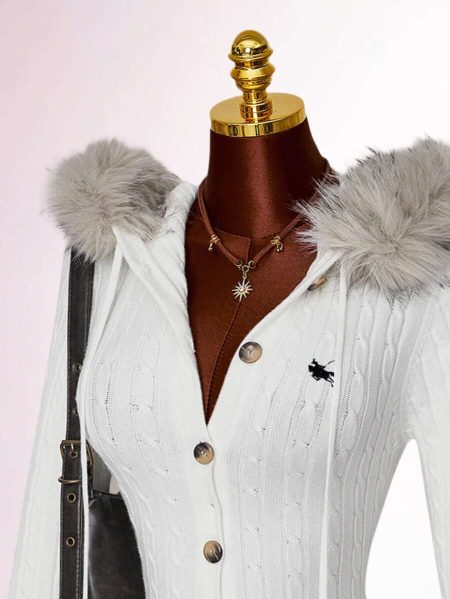 Amplova Women's Home Knight Pattern Patchwork Fuzzy Hooded Mini Knit Romper - White - View 1