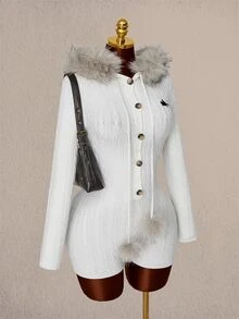 Amplova Women's Home Knight Pattern Patchwork Fuzzy Hooded Mini Knit Romper - White - View 11