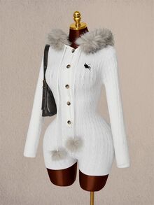 Amplova Women's Home Knight Pattern Patchwork Fuzzy Hooded Mini Knit Romper - White - View 13