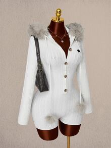 Amplova Women's Home Knight Pattern Patchwork Fuzzy Hooded Mini Knit Romper - White - View 10