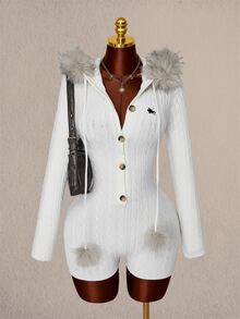 Amplova Women's Home Knight Pattern Patchwork Fuzzy Hooded Mini Knit Romper - White - View 2
