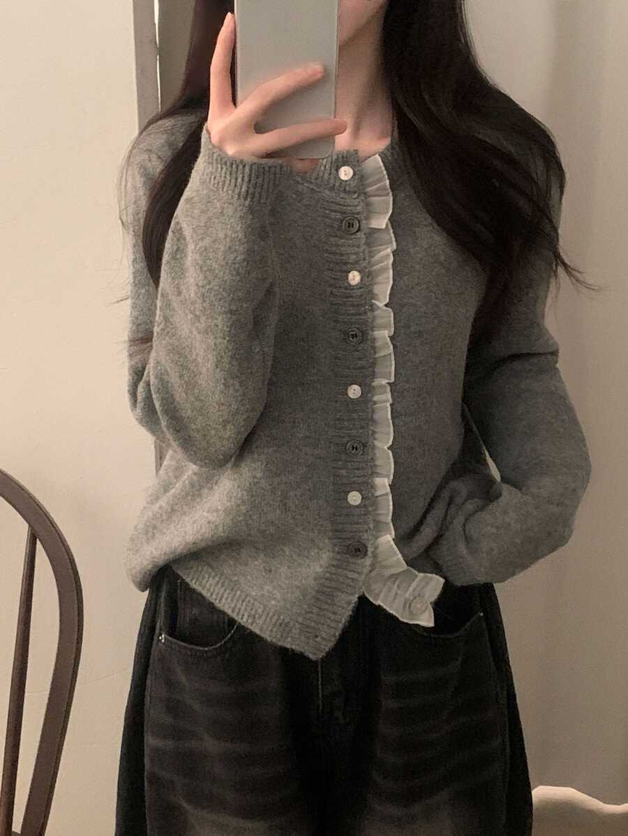 DAZY 女款素色休閒百搭日常穿搭開襟衫 - 灰色 - 查看 1