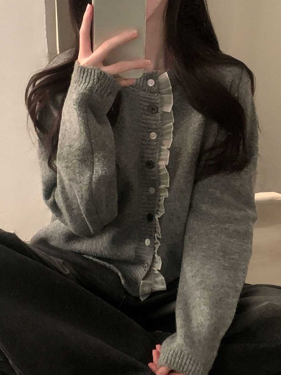 DAZY Cardigan Wanita Warna Polos Kasual Serbaguna untuk Pemakaian Sehari-hari - Grey - View 1