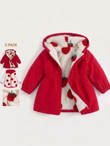 SHEIN 女嬰可愛休閒秋冬百搭草莓圖案保暖內裡連帽外套 - 紅色 - 查看 9