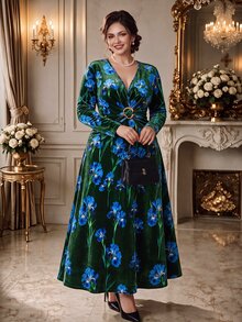 Rometta Plus Size Deep V-Neck Long Sleeve Waist Knot Decor Button Slimming Print Retro Elegant Casual Commute Dress For Women Winter - Multicolor - View 3