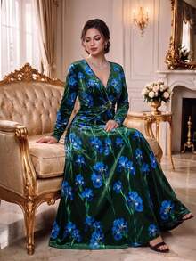 Rometta Plus Size Deep V-Neck Long Sleeve Waist Knot Decor Button Slimming Print Retro Elegant Casual Commute Dress For Women Winter - Multicolor - View 1