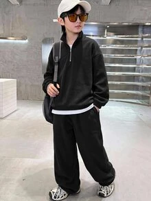 SHEIN 2件組兒童男童抓絨立領運動衫與運動長褲休閒百搭套裝，適合秋冬休閒運動、戶外活動、學校場合 - 黑色 - 查看 3