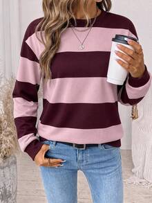 SHEIN LUNE Women's Round Neck Striped Colorblock Sweatshirt, Suitable For Autumn/Winter - Multicolor - View 7