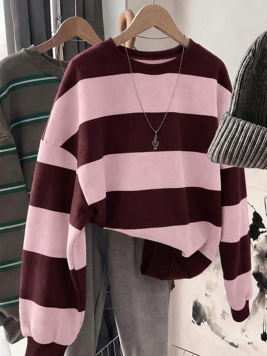 SHEIN LUNE Women's Round Neck Striped Colorblock Sweatshirt, Suitable For Autumn/Winter - Multicolor - View 1