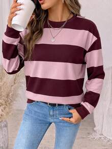 SHEIN LUNE Women's Round Neck Striped Colorblock Sweatshirt, Suitable For Autumn/Winter - Multicolor - View 5