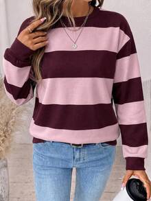 SHEIN LUNE Women's Round Neck Striped Colorblock Sweatshirt, Suitable For Autumn/Winter - Multicolor - View 4