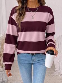 SHEIN LUNE Women's Round Neck Striped Colorblock Sweatshirt, Suitable For Autumn/Winter - Multicolor - View 2