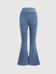 SHEIN 少女时尚休闲基础舒适瑜伽健身蓝色弹力紧身喇叭牛仔裤柔软日常穿着，适合春夏锐舞节和海滩穿着 - 藍色 - 查看 3