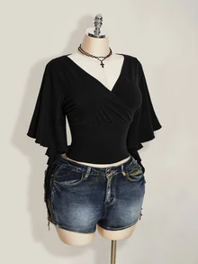 SHEIN ICON Women's Plus Size Black Summer Goth Sexy Night Out Date Night Rave Club T-Shirt, Retro Elegant V-Neck Ruffle Sleeve Slim Fit Y2K - Black - View 6
