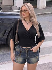 SHEIN ICON Women's Plus Size Black Summer Goth Sexy Night Out Date Night Rave Club T-Shirt, Retro Elegant V-Neck Ruffle Sleeve Slim Fit Y2K - Black - View 9