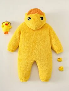 SHEIN 男女通用新生兒嬰兒/幼兒秋冬可愛小黃鴨造型絨毛連帽長袖連身衣，柔軟親膚易穿脫，嬰兒連身褲，嬰兒衣物，套裝 - 黃色 - 查看 3