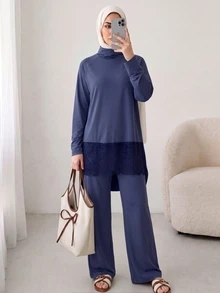 Solavon Women's Raglan Long Sleeve Lace Hem Top And Pants Sports Set - Blue - View 2