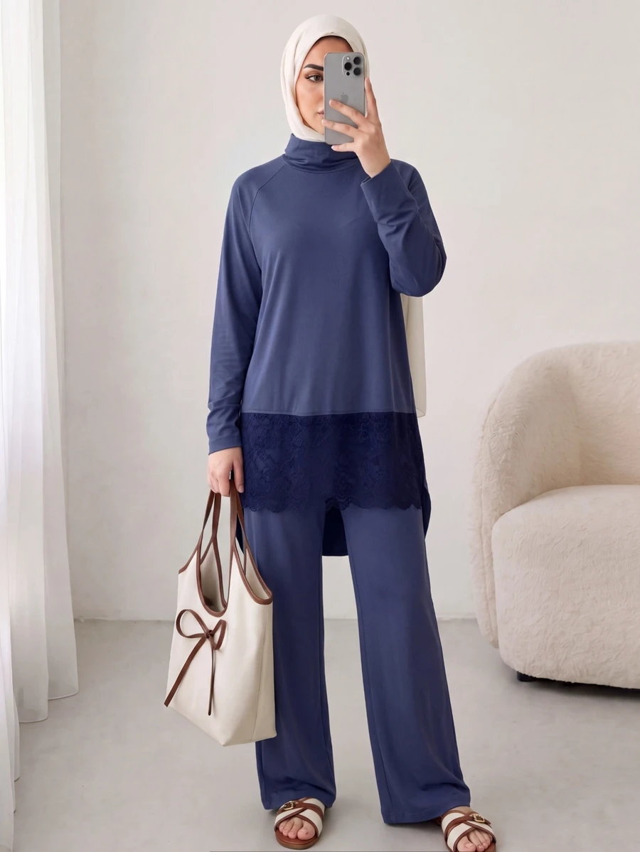 Solavon Women's Raglan Long Sleeve Lace Hem Top And Pants Sports Set