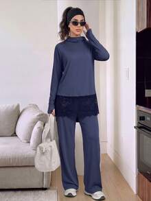 Solavon Women's Raglan Long Sleeve Lace Hem Top And Pants Sports Set - Blue - View 5
