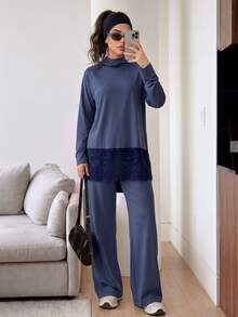 Solavon Women's Raglan Long Sleeve Lace Hem Top And Pants Sports Set - Blue - View 4