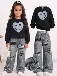 SHEIN Girls' Cute Autumn/Winter Casual Kids Floral Print Sweatshirt & Pants Set - Brown - View 4