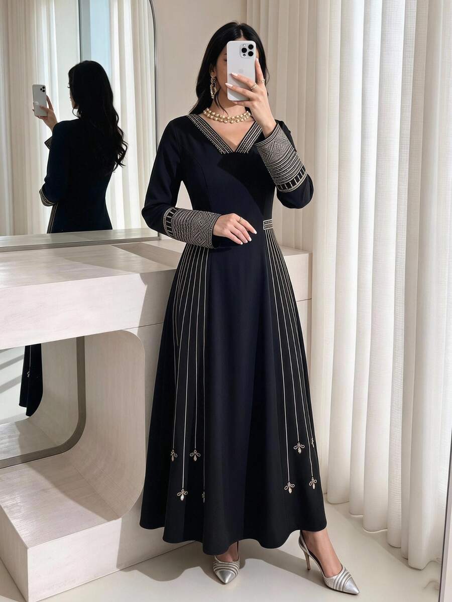 Al Najma Vestido largo de manga larga con cuello en V, cintura ceñida y estilo vintage árabe para mujer