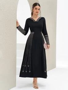 Al Najma Vestido largo de manga larga con cuello en V, cintura ceñida y estilo vintage árabe para mujer - Negro - Ver 4