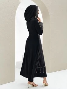 Al Najma Vestido largo de manga larga con cuello en V, cintura ceñida y estilo vintage árabe para mujer - Negro - Ver 3