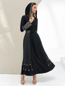 Al Najma Vestido largo de manga larga con cuello en V, cintura ceñida y estilo vintage árabe para mujer - Negro - Ver 7