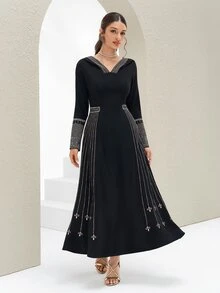 Al Najma Vestido largo de manga larga con cuello en V, cintura ceñida y estilo vintage árabe para mujer - Negro - Ver 5