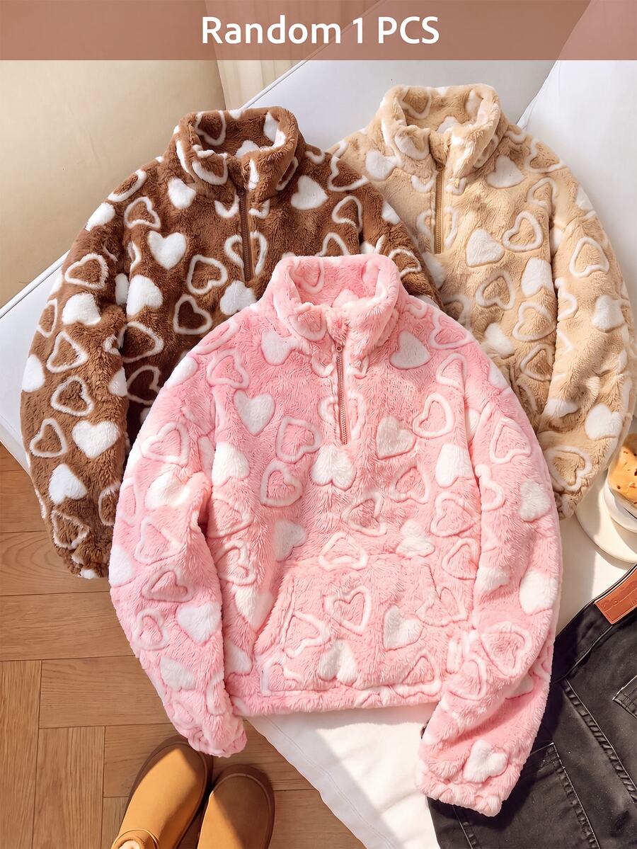 SHEIN 少女針織蝴蝶結毛絨領拉鍊拼接寬鬆休閒長袖秋冬衛衣 - 粉色 - 查看 1