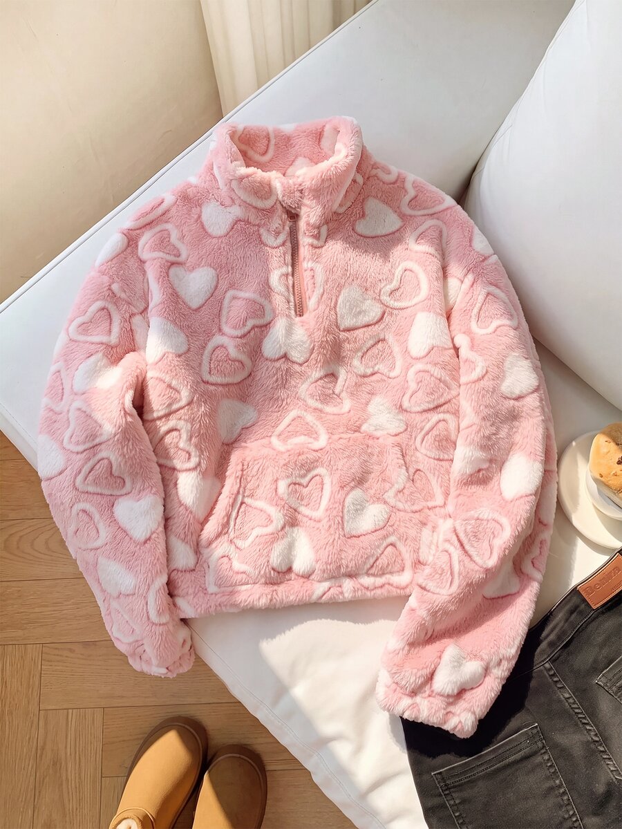 SHEIN Tween女孩兒童針織蝴蝶結毛絨領拉鍊拼接寬鬆休閒長袖秋冬衛衣 - 粉色 - 查看 1