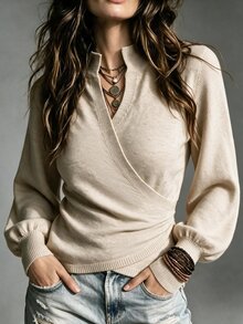 Omancia Elegant Small Stand Collar Lantern Sleeve Design Women's Sweater - Apricot - View 4