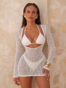SHEIN Swim 女款春夏海灘派對性感熱帶優雅純色特殊面料單件罩衫度假泳衣全白 - 米色 - 查看 6