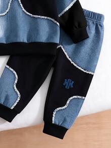 2pcs Baby Boys Sweatshirt Sets Streetwear White Blue Letter Print Patchwork Long Sleeve Loose Fall Winter Fall Style Navy Blue - Multicolor - View 5