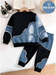 2pcs Baby Boys Sweatshirt Sets Streetwear White Blue Letter Print Patchwork Long Sleeve Loose Fall Winter Fall Style Navy Blue - Multicolor - View 2