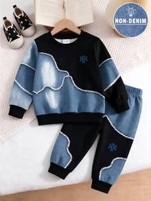 2pcs Baby Boys Sweatshirt Sets Streetwear White Blue Letter Print Patchwork Long Sleeve Loose Fall Winter Fall Style Navy Blue - Multicolor - View 3
