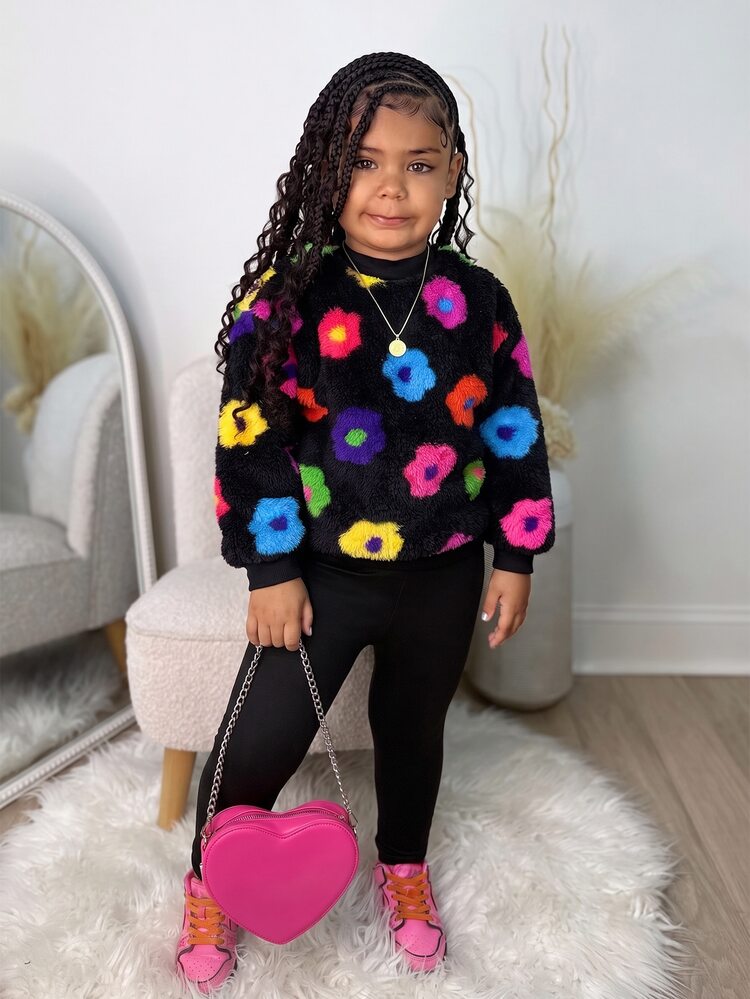 2pcs/Set Young Girls Cute Floral Plush Sweatshirt + Black Leggings Casual Daily Outfit Fall Winter - Black - View 1