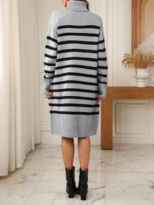 EMERY ROSE Women's Fall Color Block Striped Pattern High Neck Drop Shoulder Loose Knit Sweater Dress Travel Grey Plaid Casual French Winter Brunch - Multicolor - View 2