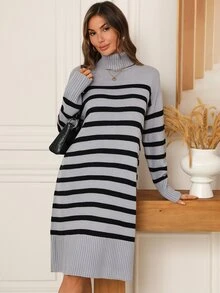 EMERY ROSE Women's Fall Color Block Striped Pattern High Neck Drop Shoulder Loose Knit Sweater Dress Travel Grey Plaid Casual French Winter Brunch - Multicolor - View 5