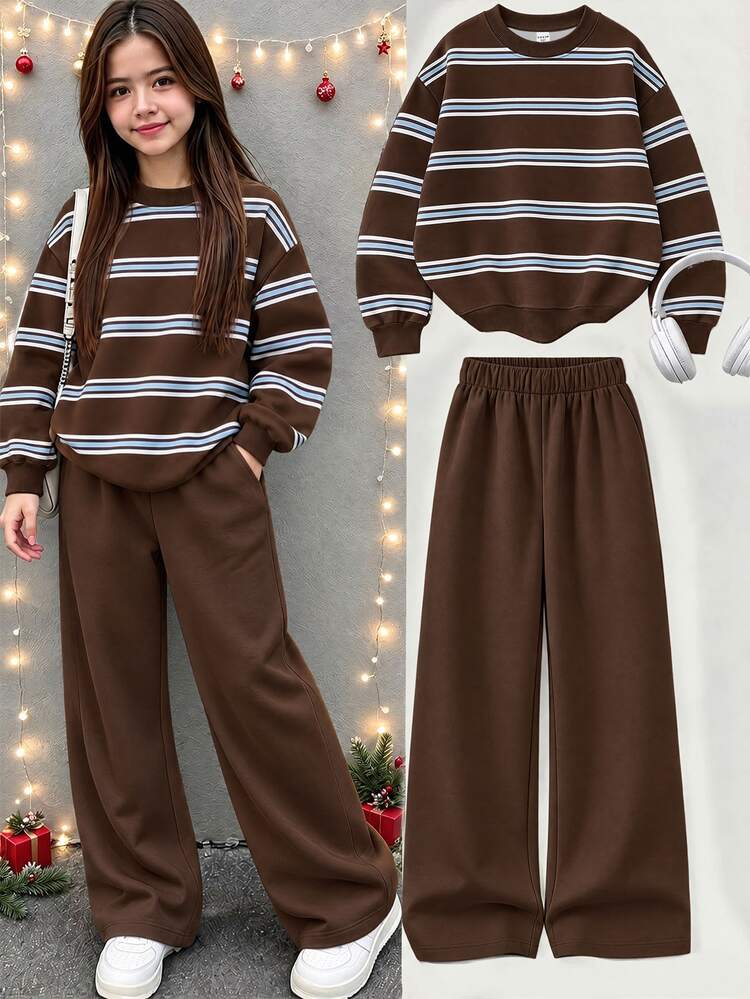 Autumn/Winter Christmas Casual Sports Outfit For Girls, Chocolate Brown Striped Crew Neck Long Sleeve Sweatshirt With Elastic Waist Wide Leg Pants 2 Pieces Set, Loose Lazy Korean College Style, Comfortable And Versatile, Suitable For Teenage Girls Daily School, Street, Travel, Holiday Party Wear, American Vintage Classic Spring 2027 New Year - Multicolor - View 1