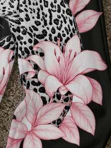 SHEIN EZwear 女款休閒低腰直筒運動長褲，復古花卉虎紋印花，街頭風，適合日常通勤、約會、聚會、秋冬、夏季、派對、婚禮、海灘、畢業典禮等場合，優雅休閒，適合外出、Y2K風格、音樂節等場合，女款秋冬服飾與返校季的理想選擇 - 彩色 - 查看 5
