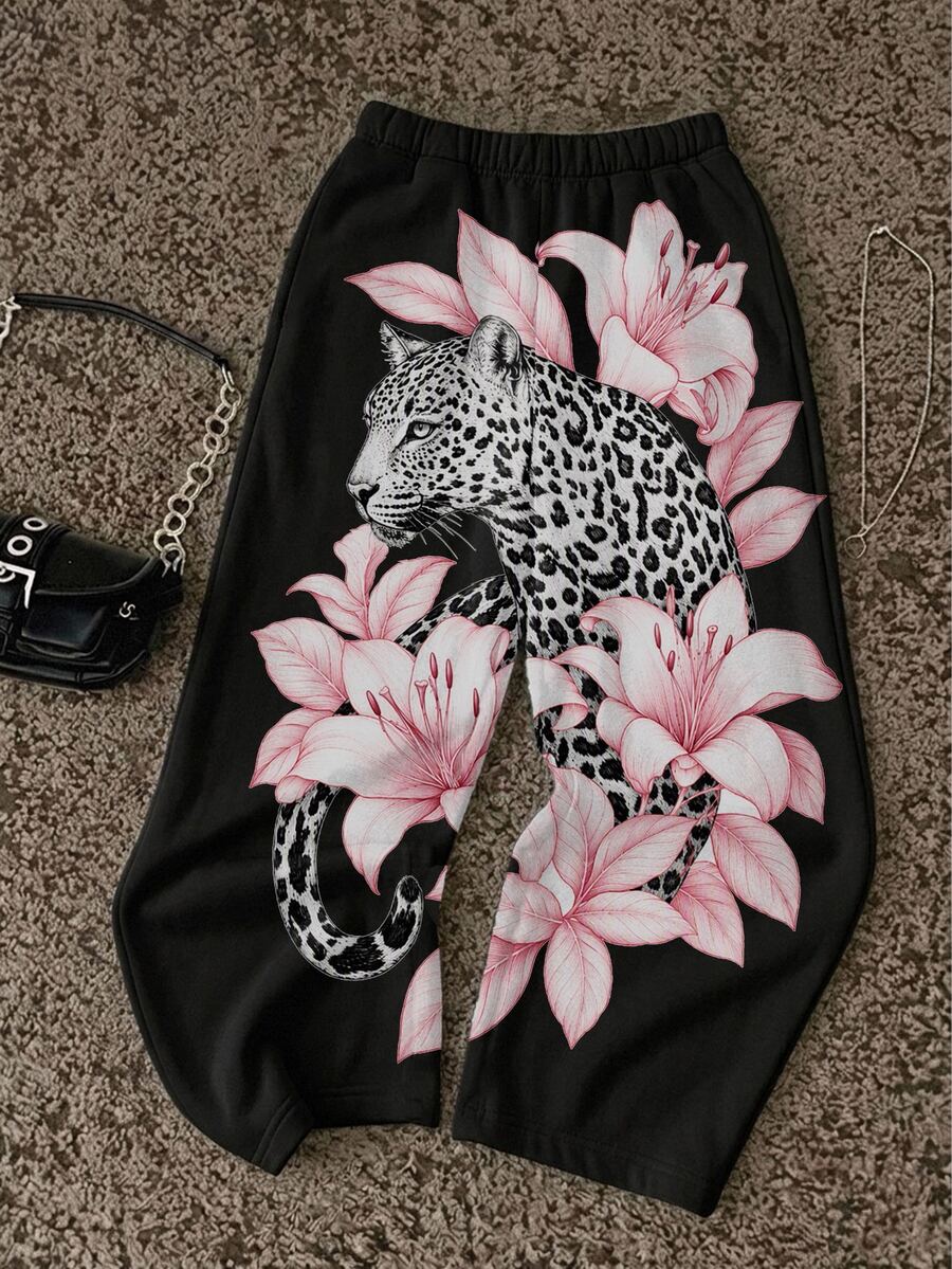 SHEIN EZwear 女款休閒低腰直筒運動長褲,復古花卉虎紋印花,街頭風,適合日常通勤、約會、聚會、秋冬、夏季、派對、婚禮、海灘、畢業典禮等場合,優雅休閒,適合外出、Y2K風格、音樂節等場合,女款秋冬服飾與返校季的理想選擇 - 彩色 - 查看 1