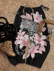 SHEIN EZwear 女款休閒低腰直筒運動長褲，復古花卉虎紋印花，街頭風，適合日常通勤、約會、聚會、秋冬、夏季、派對、婚禮、海灘、畢業典禮等場合，優雅休閒，適合外出、Y2K風格、音樂節等場合，女款秋冬服飾與返校季的理想選擇 - 彩色 - 查看 4